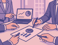 An illustration of businesspeople looking at charts on a laptop