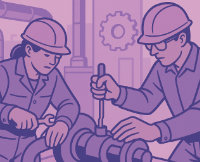 An illustration of two engineers working in an industrial environment